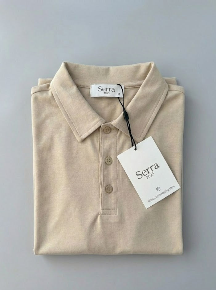 Pisa | Cotton Long Sleeve Slim Fit Polo Shirt Beige