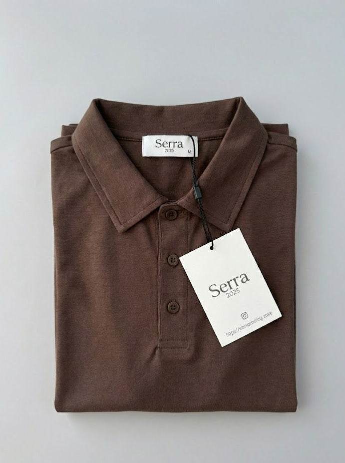 Pisa | Cotton Long Sleeve Slim Fit Polo Shirt Brown
